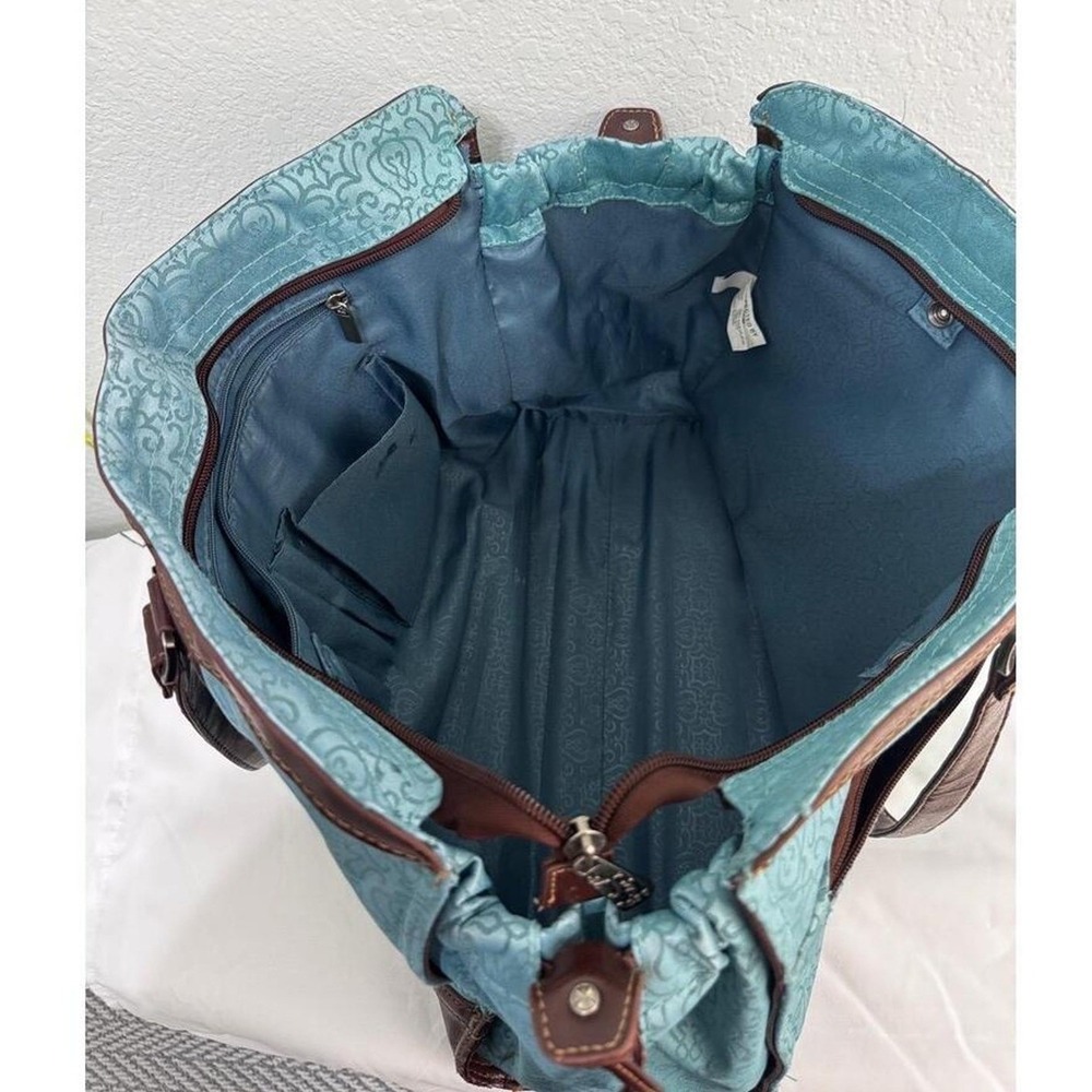 Reba Teal Dark Brown Trim Patterned Zip Sholder Bag Tote *see imperfections - Picture 3 of 15